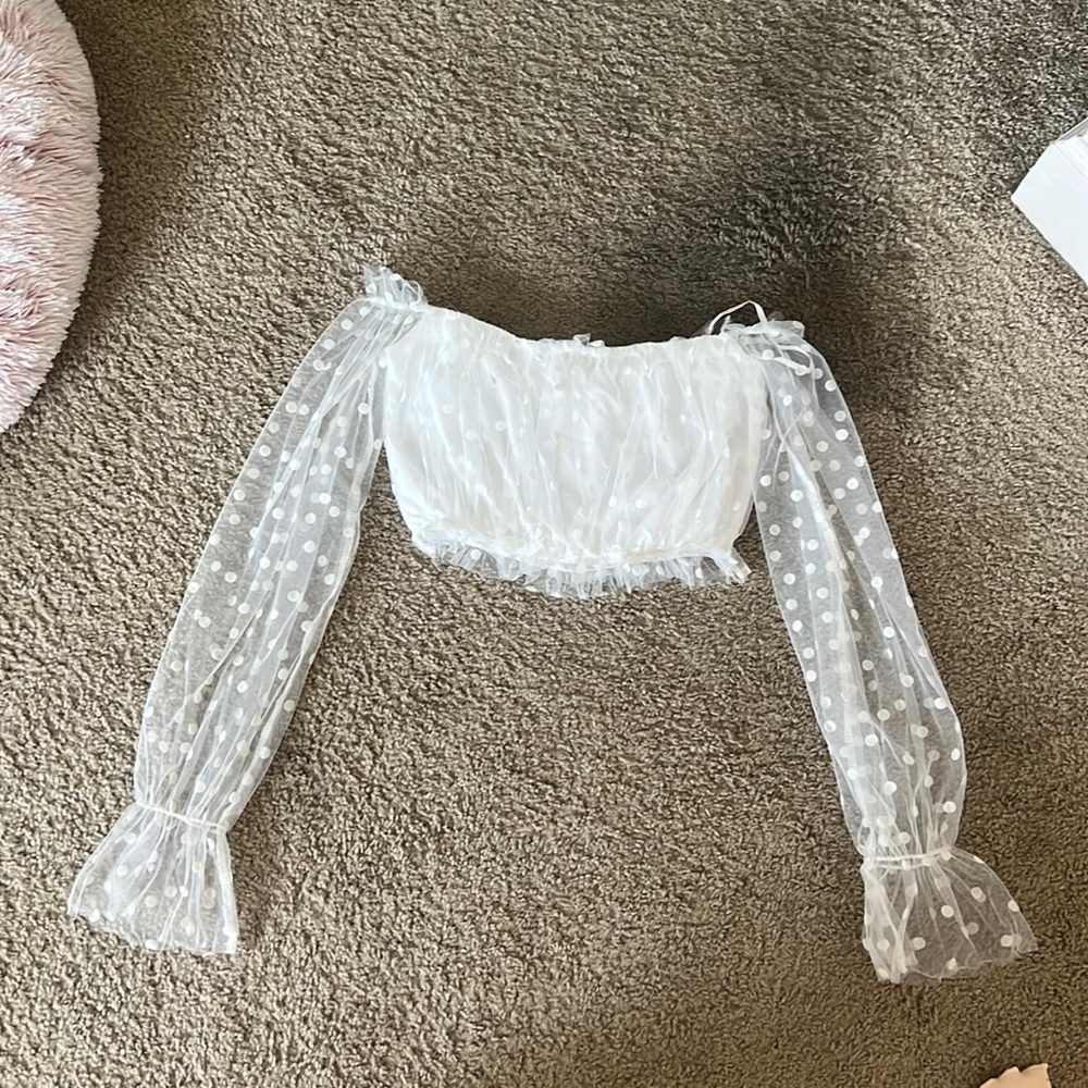 White over the shoulder long sleeve crop top